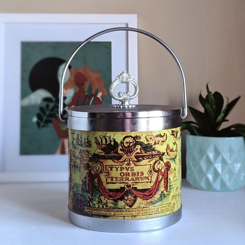 vintage ice bucket/ planter with latin map print